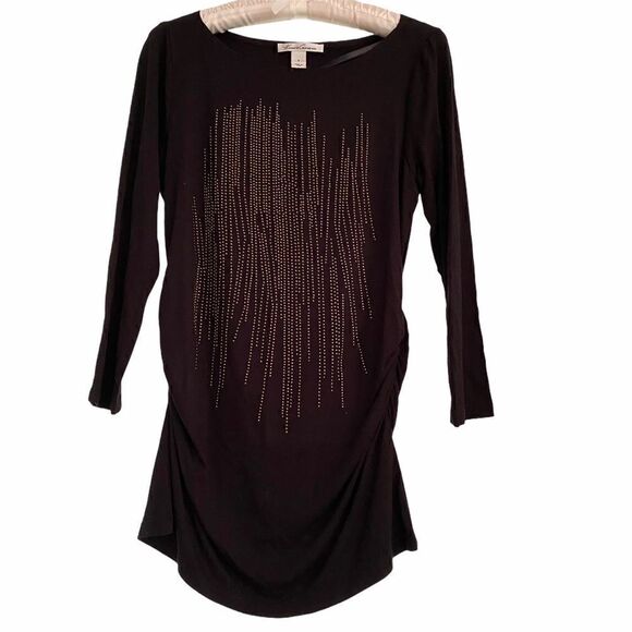 Kenneth Cole Black Long Ruched Top with Gold Beads - Picture 1 of 5